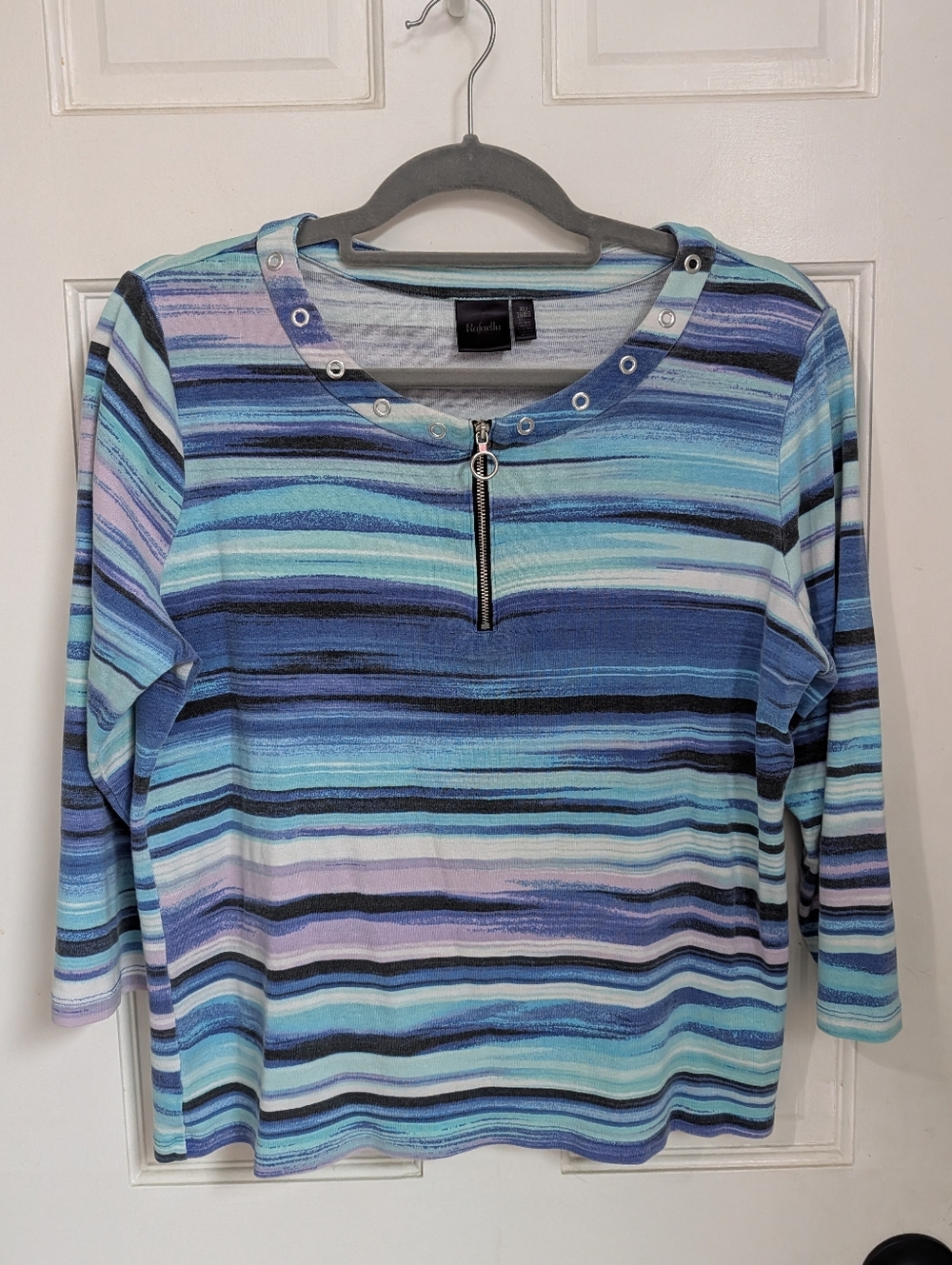 Rafaella Blue & Aqua Striped Zip-Neck Long Sleeve Top